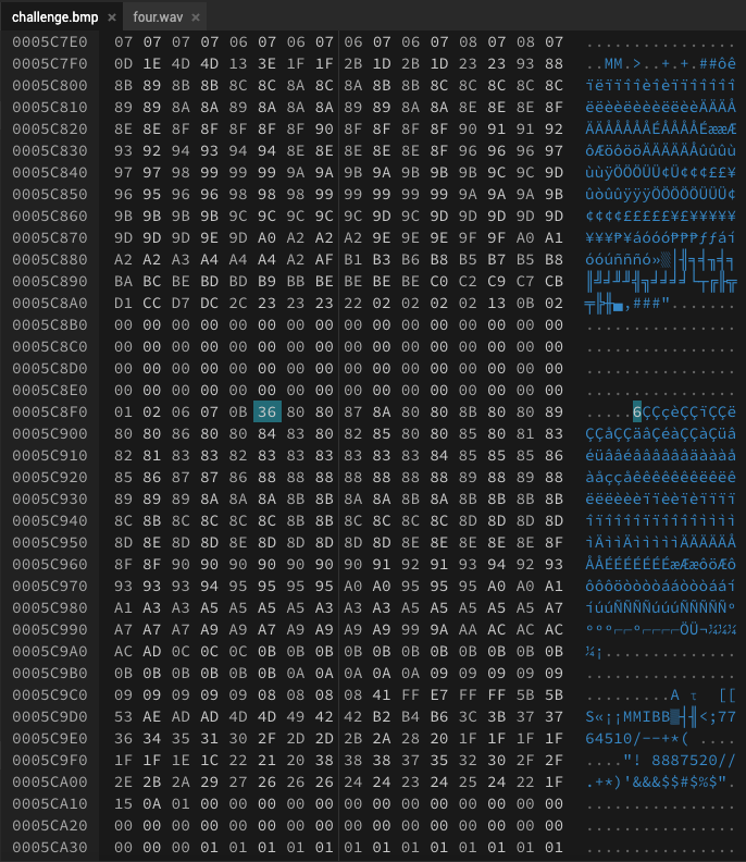 Screenshot of the hex dump of challenge.bmp